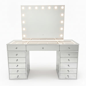 Monroe 13 Drawer Mirror Finish Hollywood LED Dressing Table in Silver