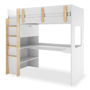 Hann Kids Single Loft Bed Desk Storage in White and Natural