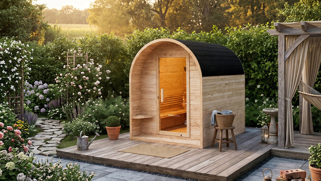 Outdoor barrel sauna on timber deck in garden setting