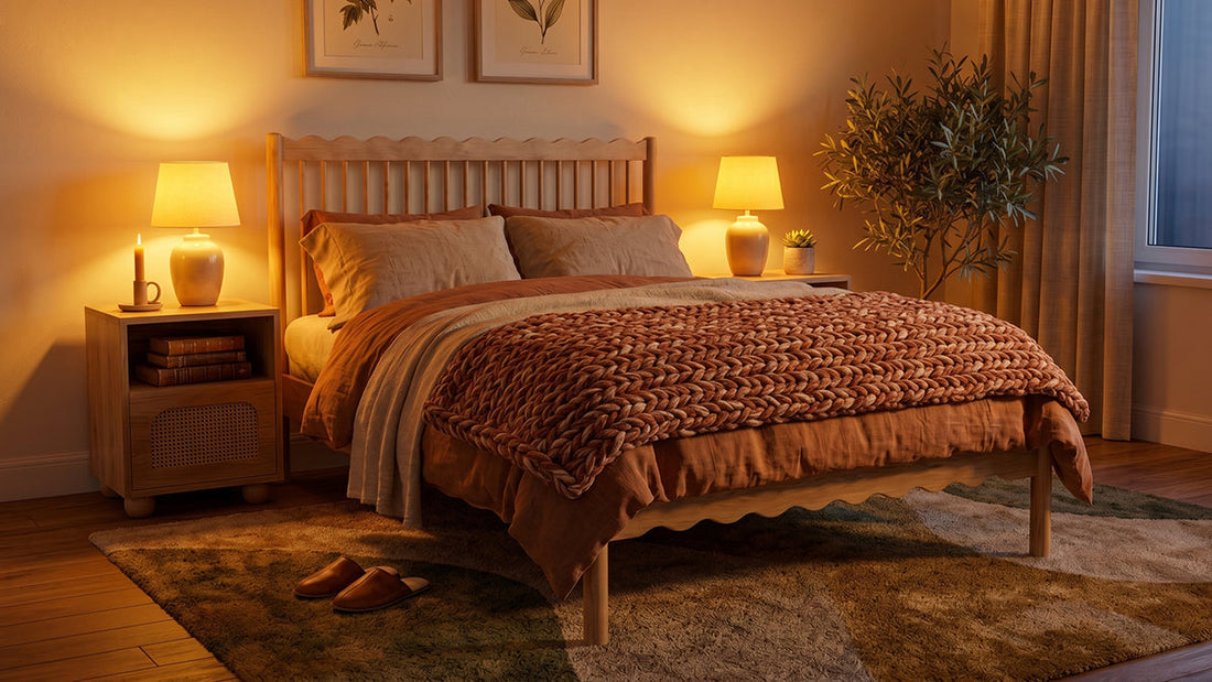 Timber bed with rust bedding and warm bedside lighting