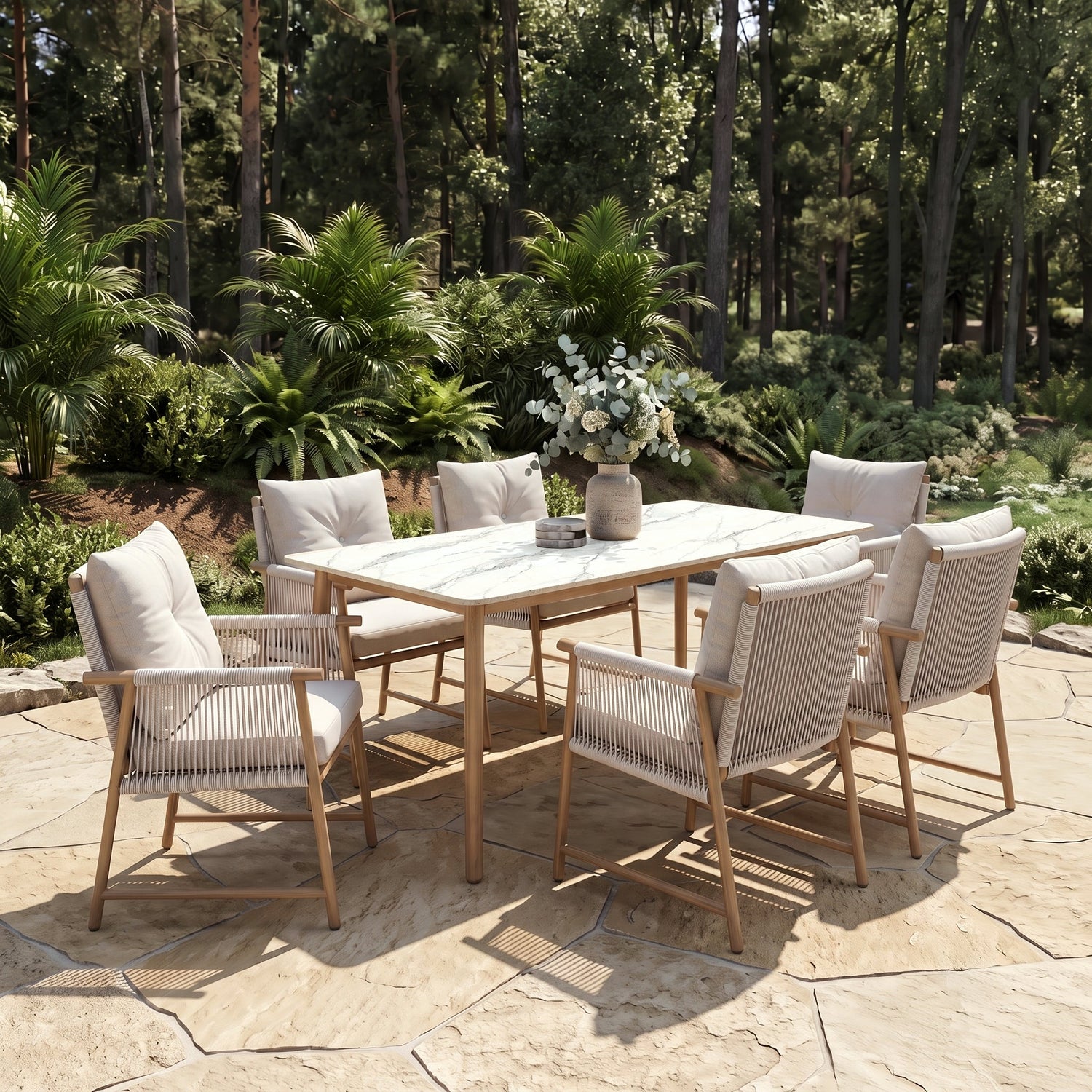 Dining table and six chairs arranged on an outdoor patio in a garden setting