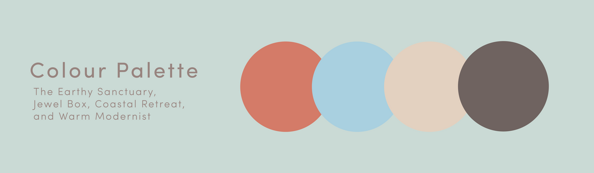 2026 trending colour palettes for interior design including earthy sanctuary, jewel box, coastal retreat, and warm modernist schemes