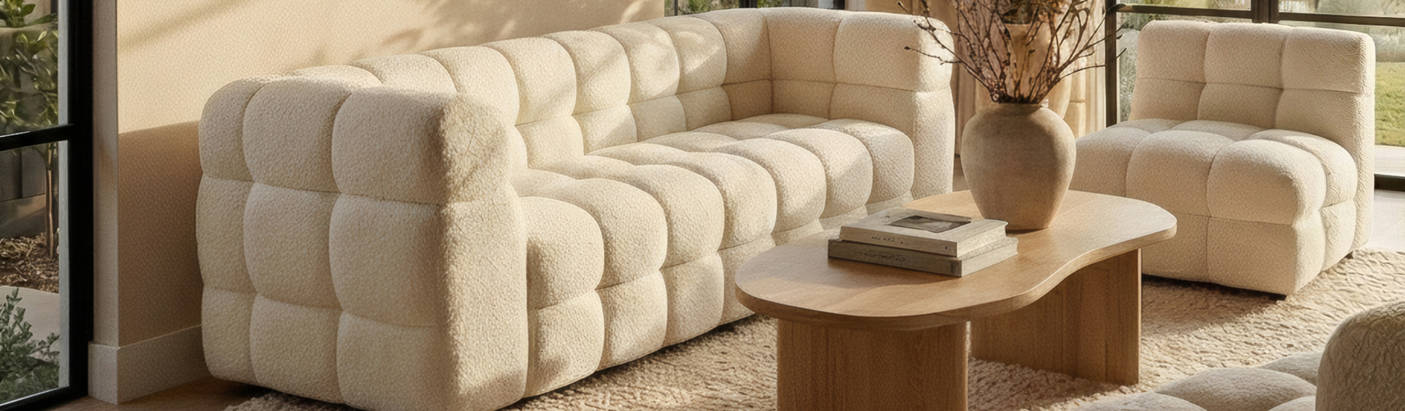 2026 drapery trends with natural linen curtains and bouclé upholstery in relaxed, textured interior