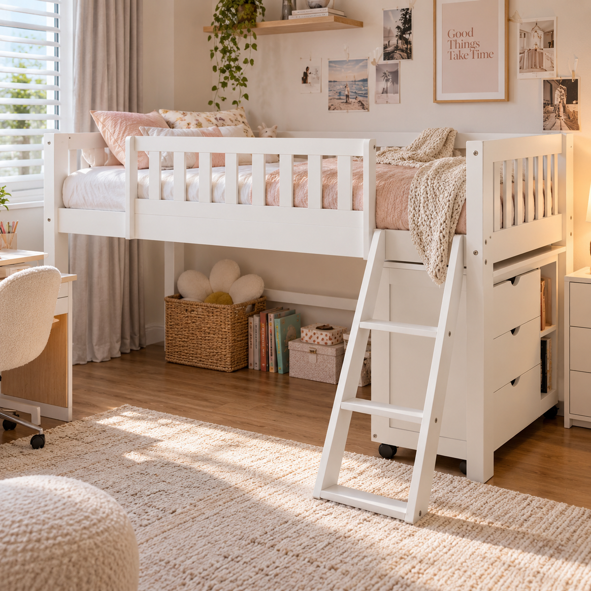 Erin Kids Single Solid Wood Storage Loft Bed in White alternate product view