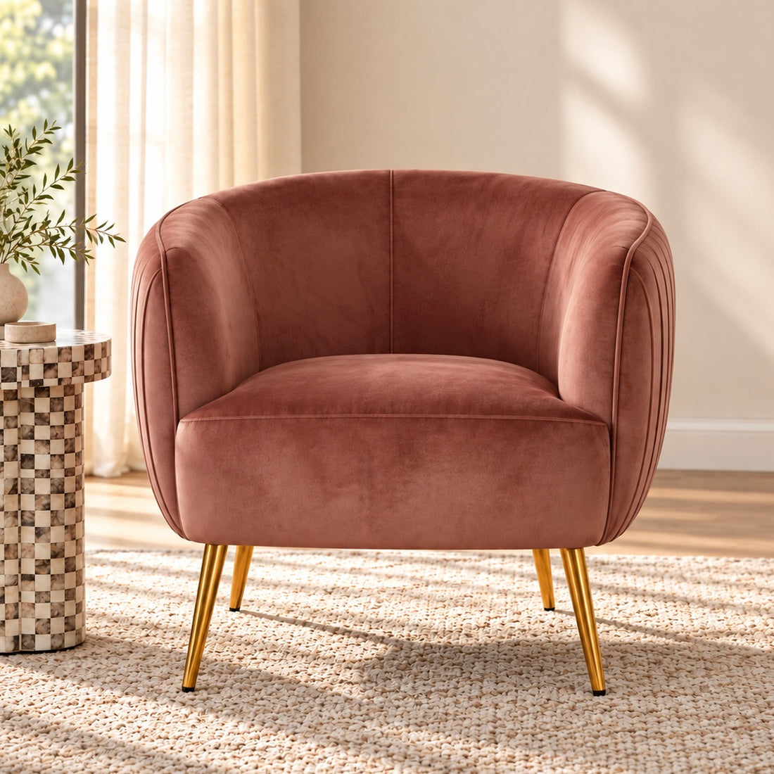 Evelyn Curved Velvet Sofa Accent Chair in Blush additional product view