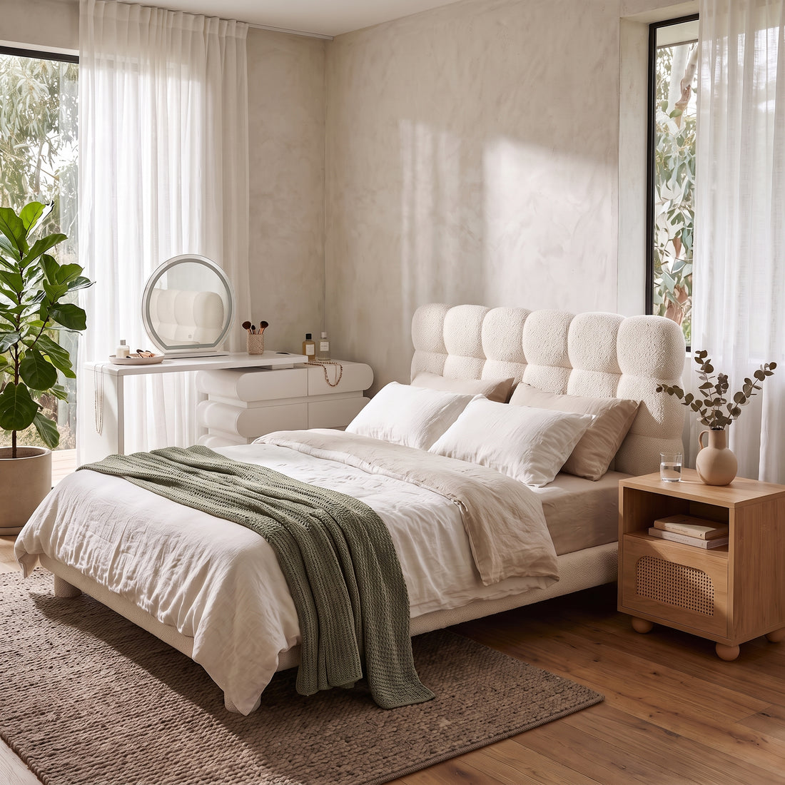 Cream bouclé upholstered bed with a tufted headboard, layered white and green linens, a wood nightstand, and a vanity setup.