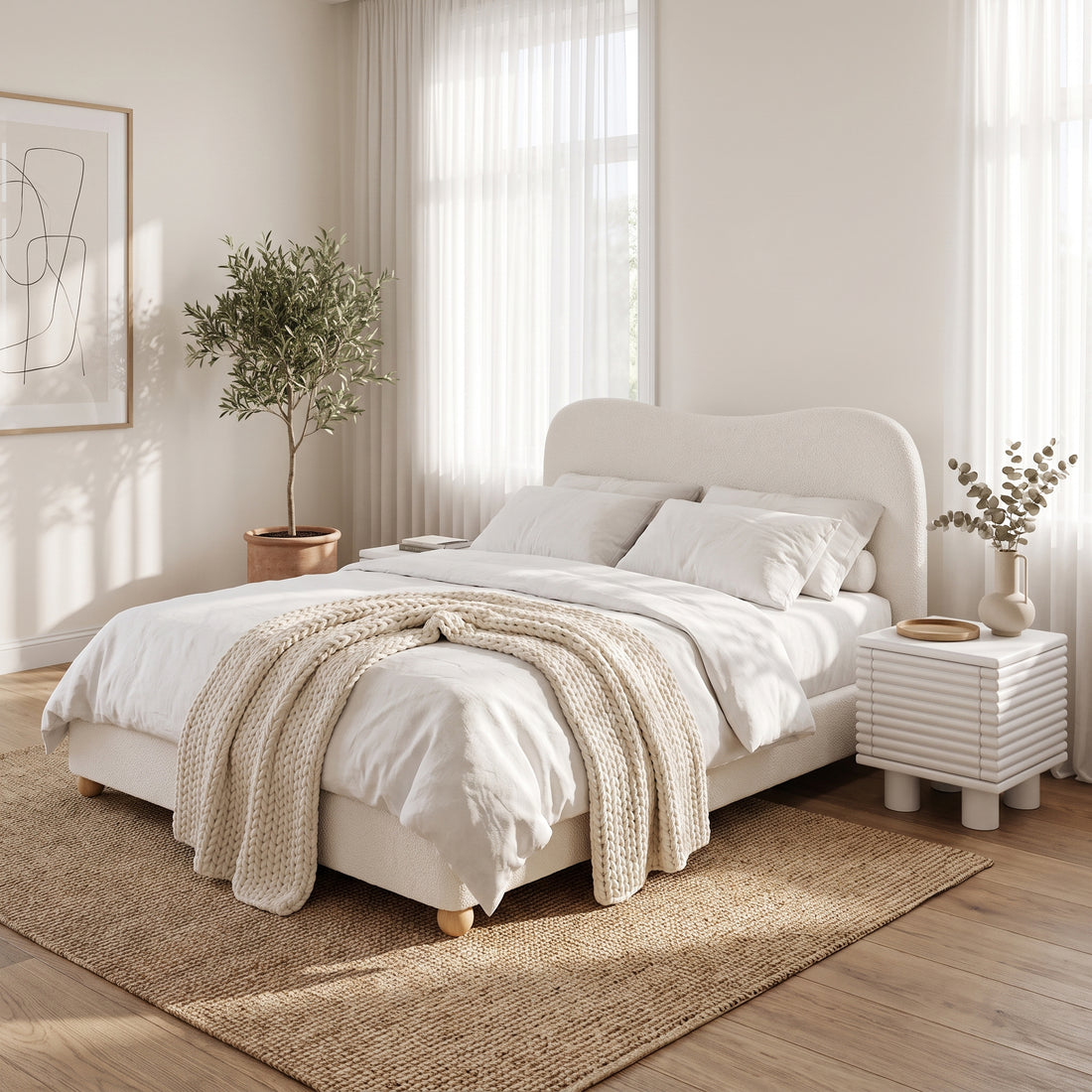 Cream bouclé bed with a curved headboard, white linens, chunky knit throw, and a fluted nightstand.