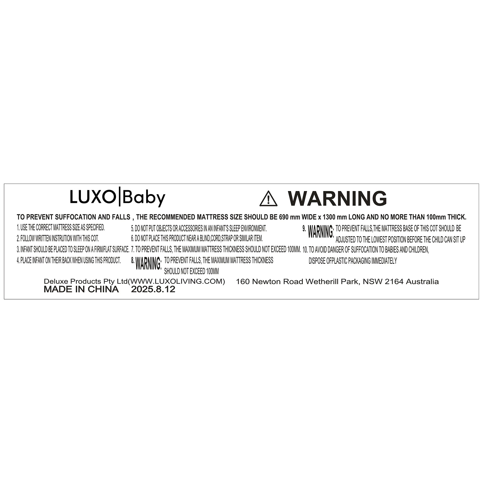 Eudora Classic Solid Wood Baby Cot in White with safety label detailing mattress size, usage instructions, and warnings. Features solid pine construction, adjustable base, and compliance with safety standards.