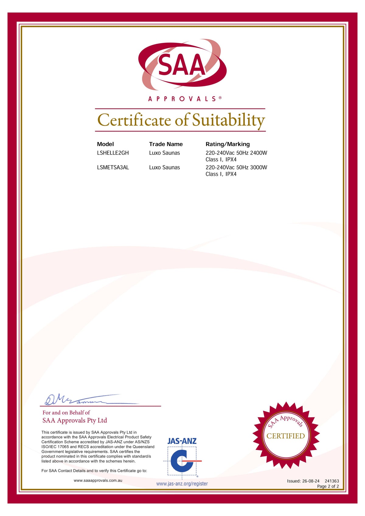 Certificate for Metsa 3 Person Hybrid Carbon Fibre Indoor Infrared Sauna, listing two sauna models, LSHELLE2GH and LSMETSA3AL, approved for electrical safety under AS/NZS standards by SAA Approvals.