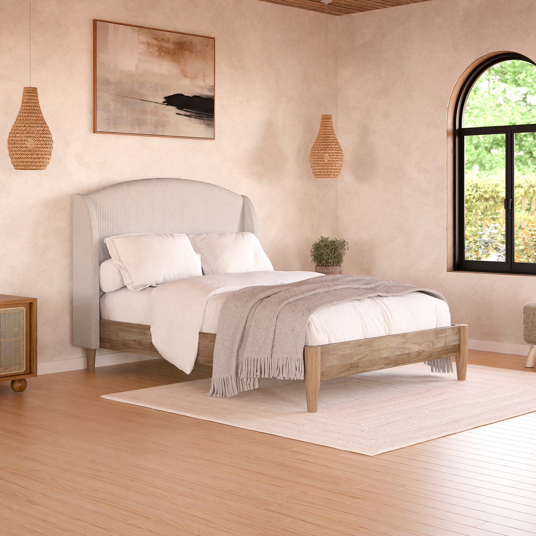 Aetiusa Winged Fabric Hardwood Bed Frame - Beige displayed in a modern bedroom setting, showcasing its soft padded headboard, sturdy hardwood frame, and elegant winged design, enhancing both comfort and style.