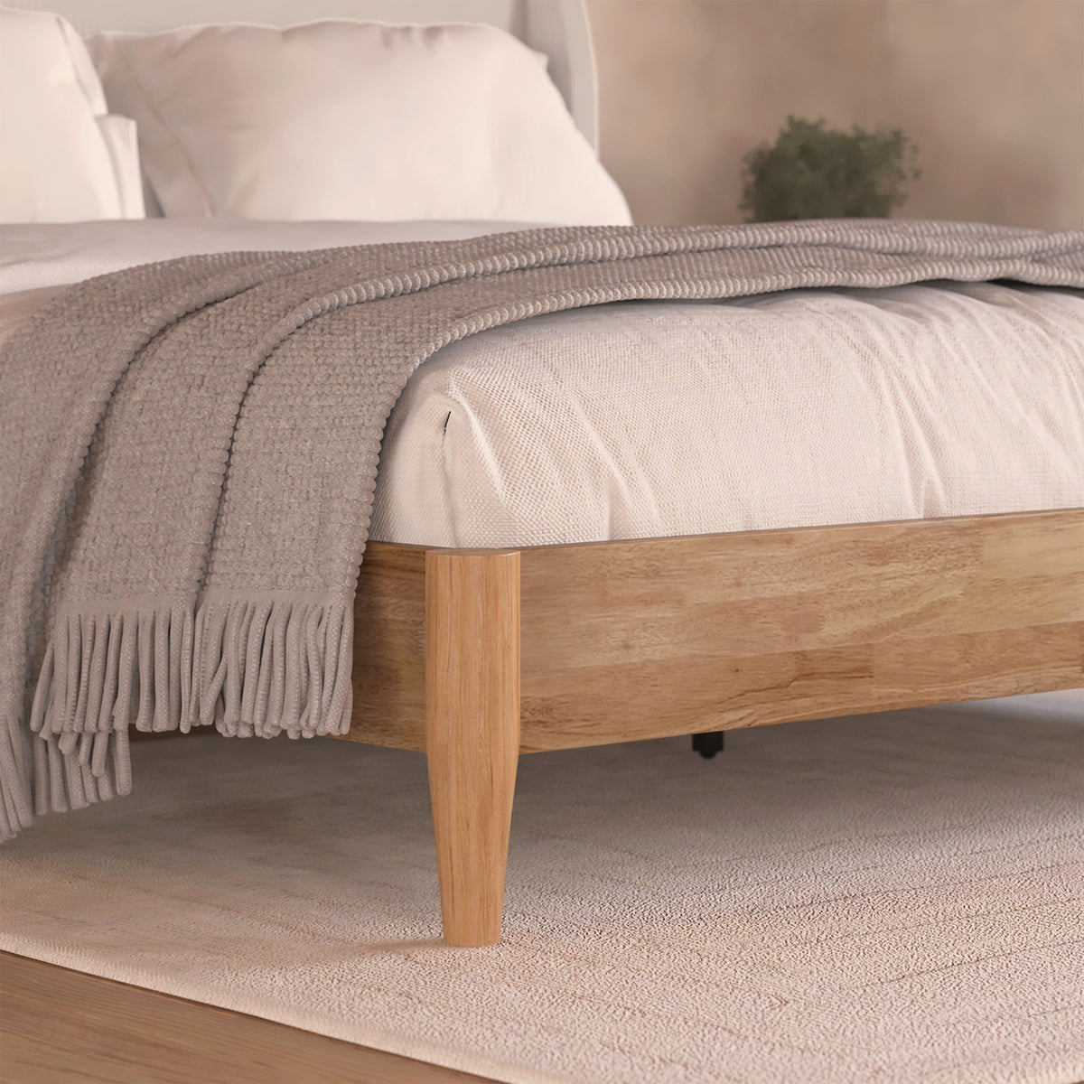 Aetiusa Winged Fabric Hardwood Bed Frame - Beige, showcasing a soft padded headboard with a winged design, sturdy hardwood frame, and integrated slat system for support, enhancing modern bedroom aesthetics.
