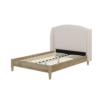 Aetiusa Winged Fabric Hardwood Bed Frame features a soft, padded headboard with integrated slats, showcasing a modern, winged design, supported by sturdy wooden legs for a stylish bedroom upgrade.