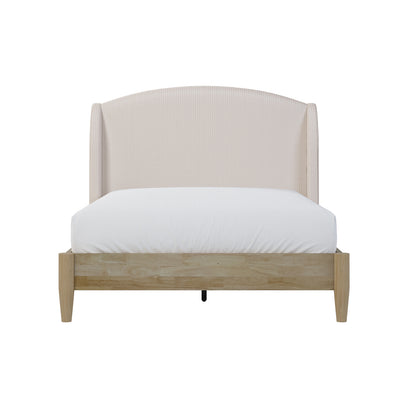Aetiusa Winged Fabric Hardwood Bed Frame - Beige Double features a white futon pad, white sheets, and a white pillow on a sturdy, elegantly designed frame with a padded headboard.