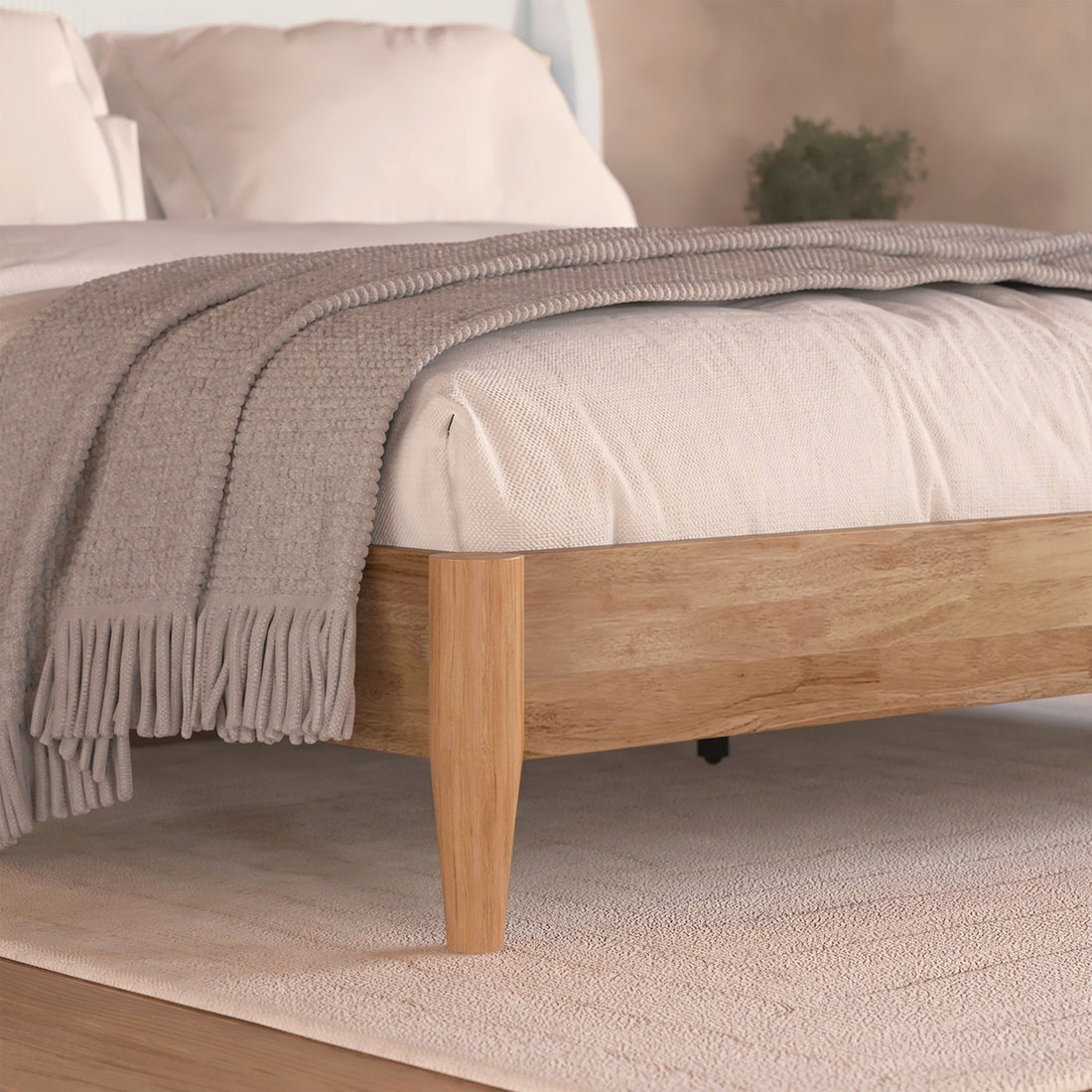 Aetiusa Winged Fabric Hardwood Bed Frame - Snow White Queen shown with a close-up of the plush, winged corduroy headboard, highlighting its elegant design and sturdy hardwood construction.
