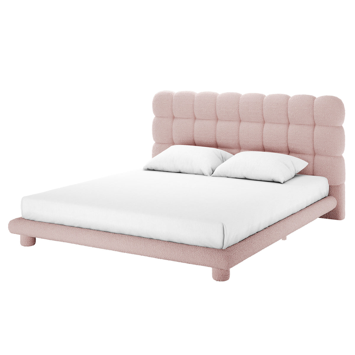Pink boucle king bed frame with tufted headboard, white mattress and two white pillows