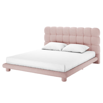 Pink boucle king bed frame with tufted headboard, white mattress and two white pillows