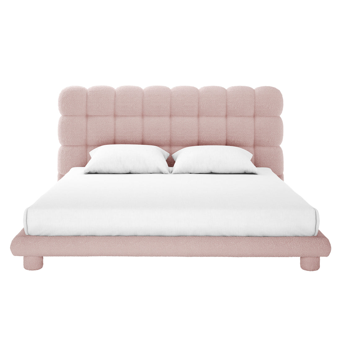 Aina Boucle King Bed Frame in pink with channeled headboard, upholstered base, and white bedding