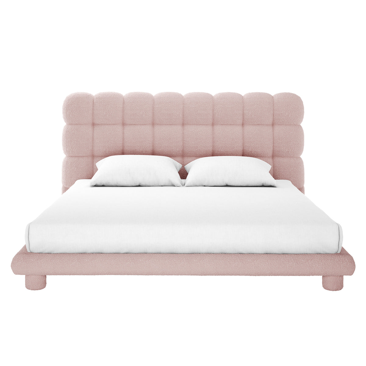 Aina Boucle King Bed Frame in pink with channeled headboard, upholstered base, and white bedding