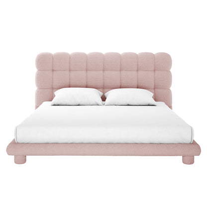 Aina Boucle King Bed Frame in pink with channeled headboard, upholstered base, and white bedding
