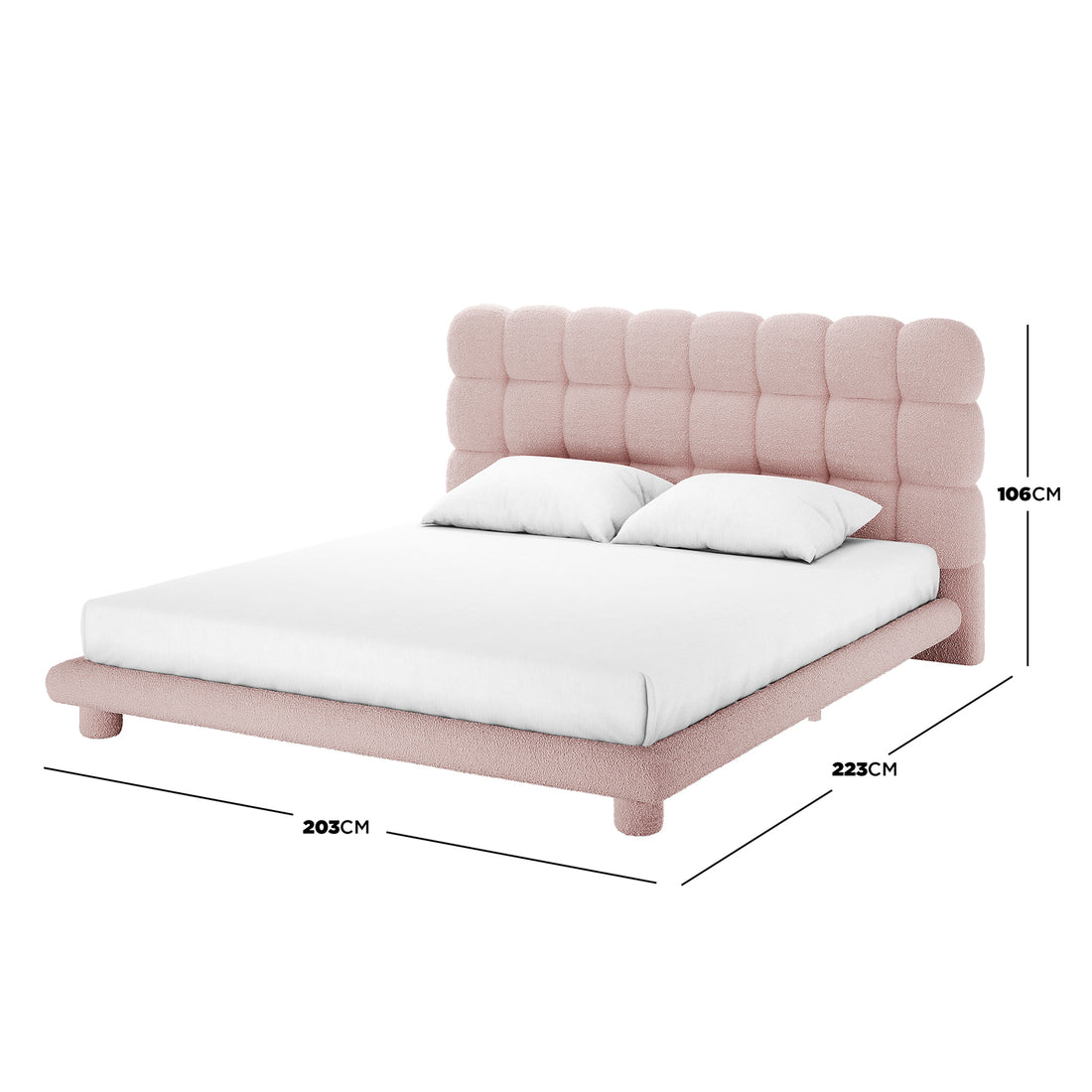 Aina Boucle King Bed Frame in pink with tufted headboard, shown with dimensions 203cm width, 223cm length, 106cm height