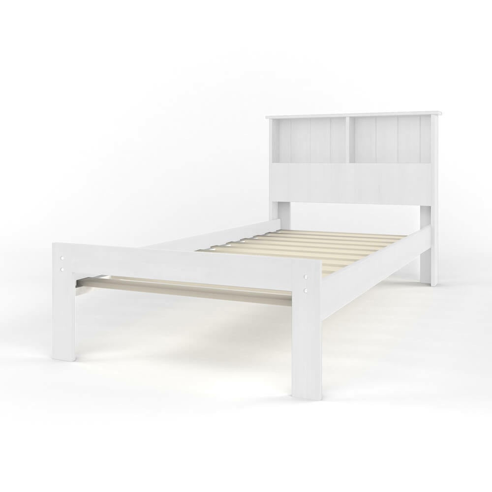 Luxo Alba Solid Pine Timber Bed Frame in White: Single-size bed frame with a slatted base, straight side rails, and paneled headboard, crafted for stability and classic aesthetic appeal.