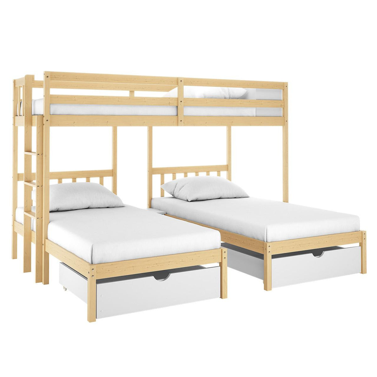 Aristos Triple Bunk Bed with Side Table in White & Natural shows a light-wood frame with a top bunk, two lower single beds, pull-out storage drawers, built-in ladder, and safety guard rail.