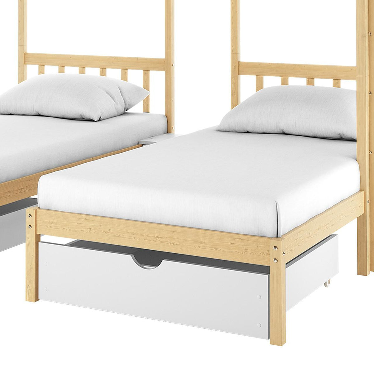 Aristos Triple Bunk Bed with Side Table in White & Natural featuring two twin bed frames with slatted headboards and a white pull-out drawer underneath, showcasing a space-saving children's room solution.