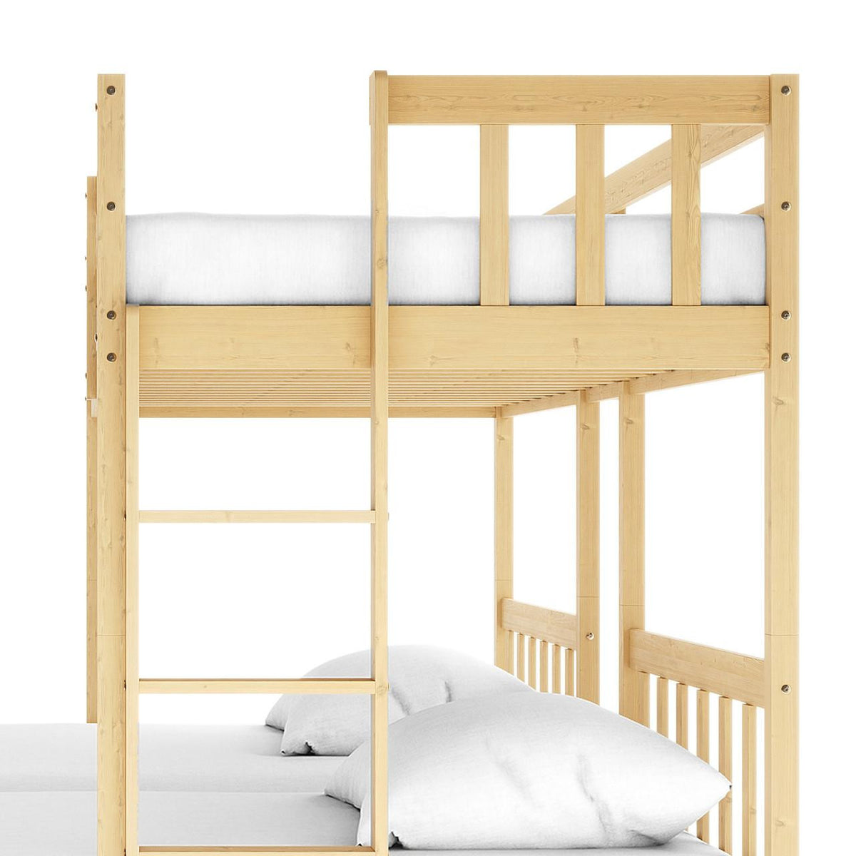 Aristos Triple Bunk Bed with Side Table in White & Natural features a two-tier wooden frame with a built-in ladder, white mattresses, and pillows, offering a functional, stylish space-saving solution for children's rooms.