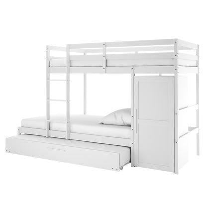 Aron Single Storage Bunk Bed with Trundle in White featuring two stacked beds, a trundle for extra sleep space, and a built-in cabinet, all in a sleek, space-saving design.