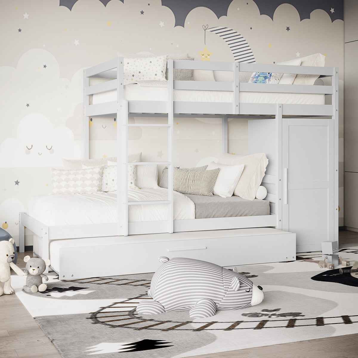 Aron Single Storage Bunk Bed with Trundle in White in a child’s room, featuring a loft-style design, pull-out drawer, neutral linens, star-patterned pillows, and adjacent cabinet for organized storage.