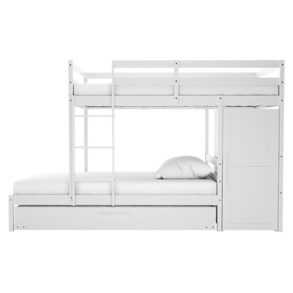 Aron Single Storage Bunk Bed with Trundle in White featuring two bunks, safety rails, a ladder, and built-in cabinet. Includes a pull-out trundle drawer, ideal for maximizing space and functionality.