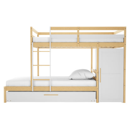 Aron Single Storage Bunk Bed with Trundle in Natural features a two-level design with a top guardrail, bottom mattress, vertical ladder, pull-out trundle, and side storage cabinet, maximizing space and functionality.