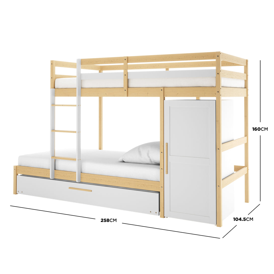 Aron Single Storage Bunk Bed with Trundle in Natural, featuring an upper bunk with guardrails, a lower full-size bed, built-in cabinet, pull-out trundle, and ladder in a compact, stylish design.