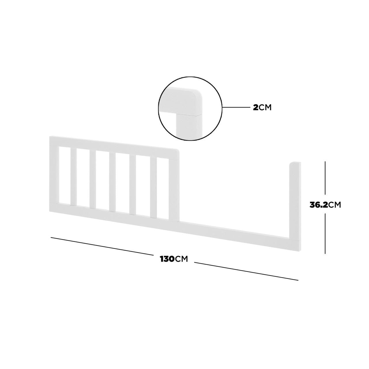 Azeem & Giro Baby Cot with Gydas 10cm Nursery Mattress shown with a white guard-rail, 130cm length, 36.2cm height, and 2cm thickness, featuring vertical slats and end-posts for safety.
