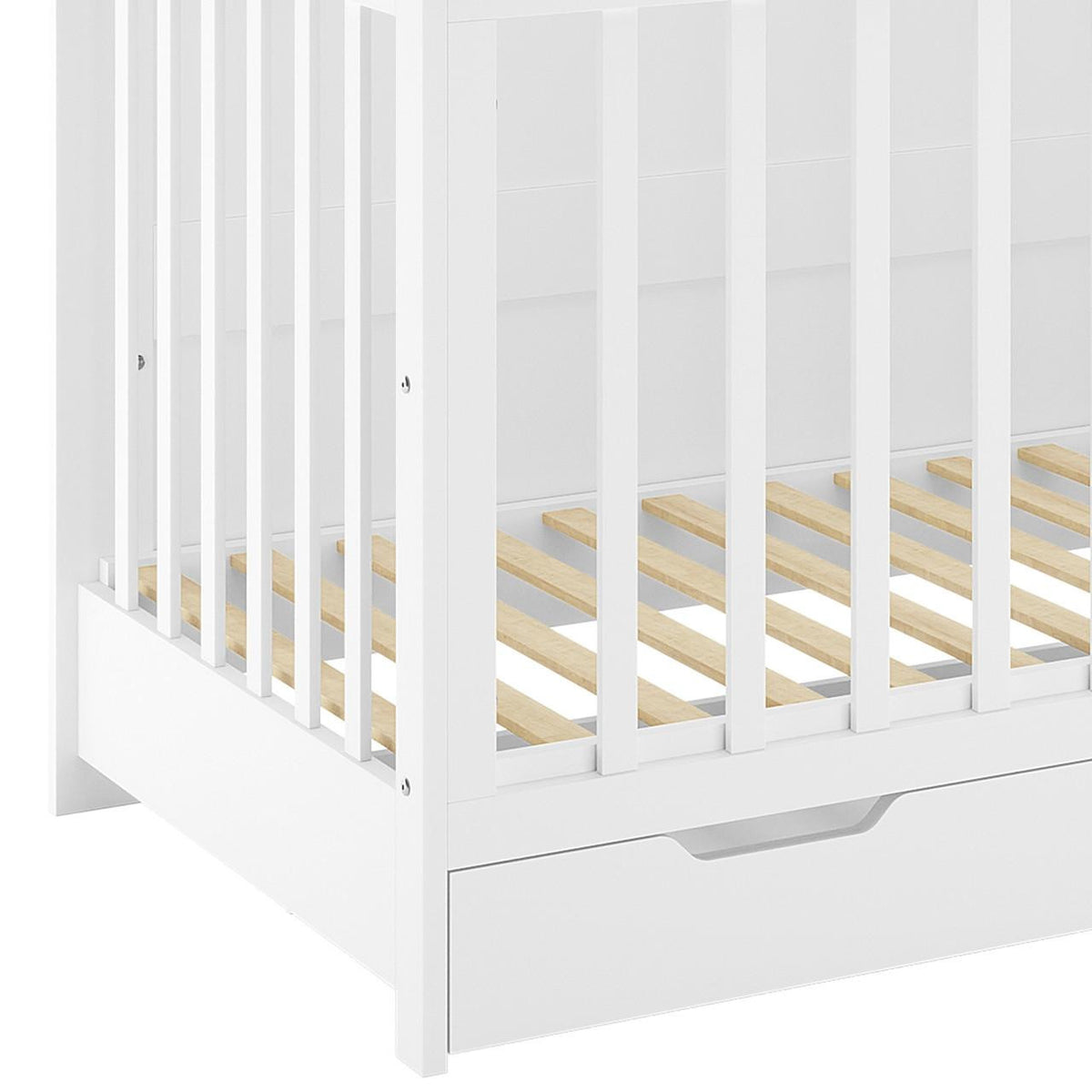 Azeem & Giro Baby Cot with Gydas 10cm Nursery Mattress, featuring vertical slatted sides, wooden support slats, and a built-in drawer for storage, forming a secure and comfortable sleep environment.
