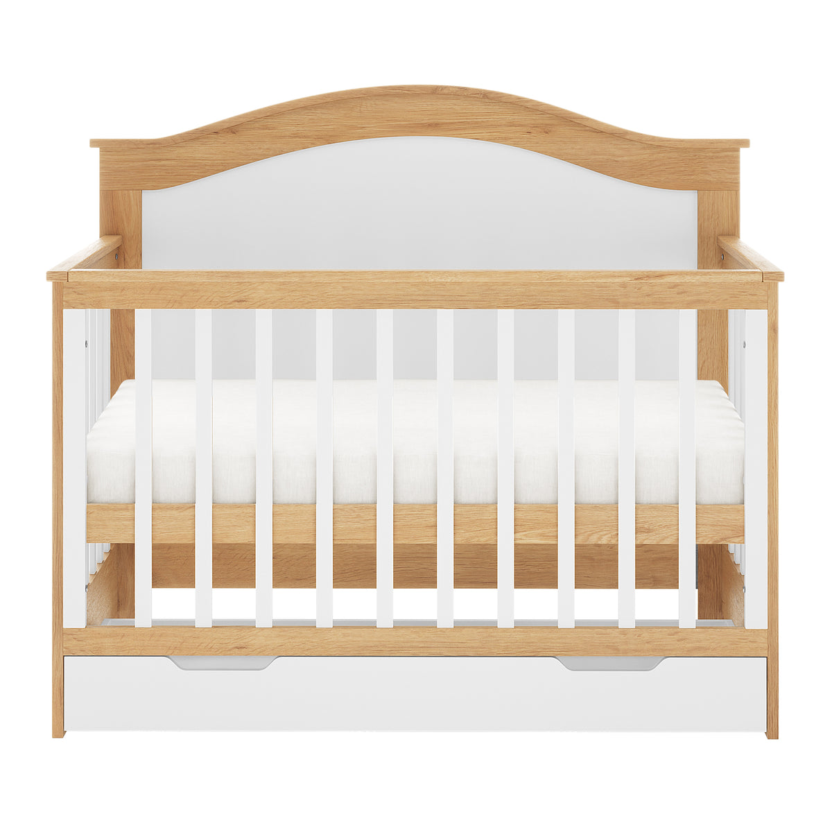 Azeem & Giro Solid Pine Baby Cot with Convertible Rail Set features a light oak-tone wood frame, white slatted sides, a plain white mattress, and a built-in storage drawer, offering versatile functionality.