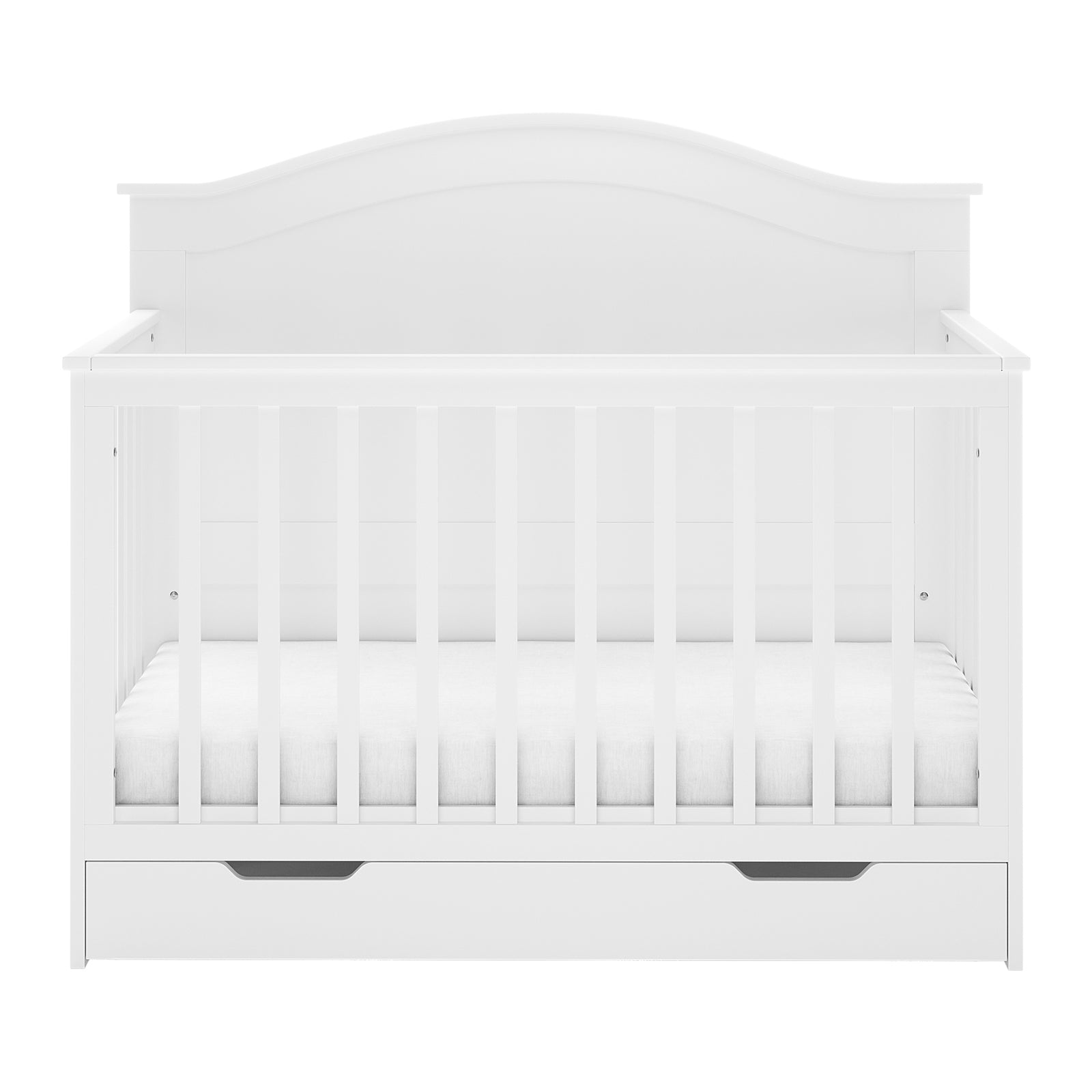 Azeem Baby Cot with slatted sides and curved headboard, featuring a pull-out storage drawer, paired with the Gettel 10cm High-Density Foam Knitted Baby Cot Mattress, showcasing a fully assembled, sleek design.