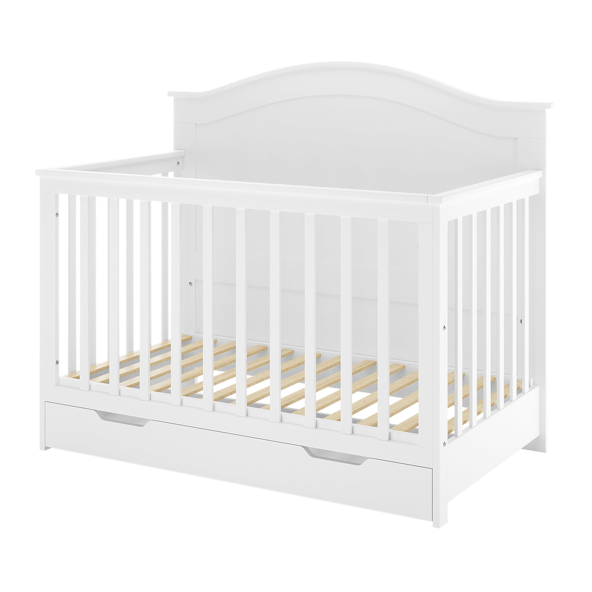 Azeem Baby Cot with vertical slatted sides and arched headboard, featuring a pull-out storage drawer, paired with Gettel 10cm Nursery Mattress for optimal infant support and breathability.