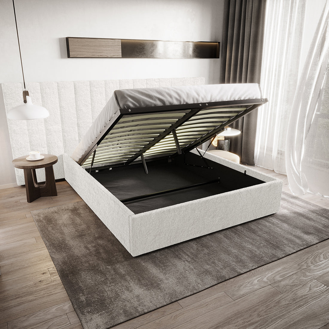 Fabia Boucle Fabric Gas Lift Storage Bed Base - Queen - Cream White - Lifestyle