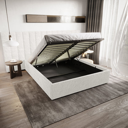Fabia Boucle Fabric Gas Lift Storage Bed Base - Queen - Cream White - Lifestyle