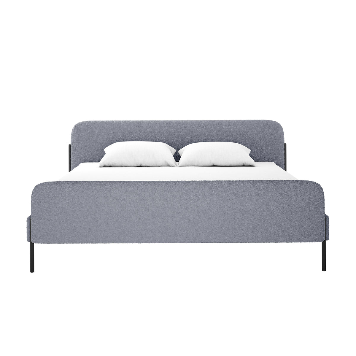 Bonny King Boucle Bed Frame in Grey featuring a light grey upholstered headboard and footboard, sleek black metal legs, white mattress, and pillows, showcasing modern elegance and luxurious design.