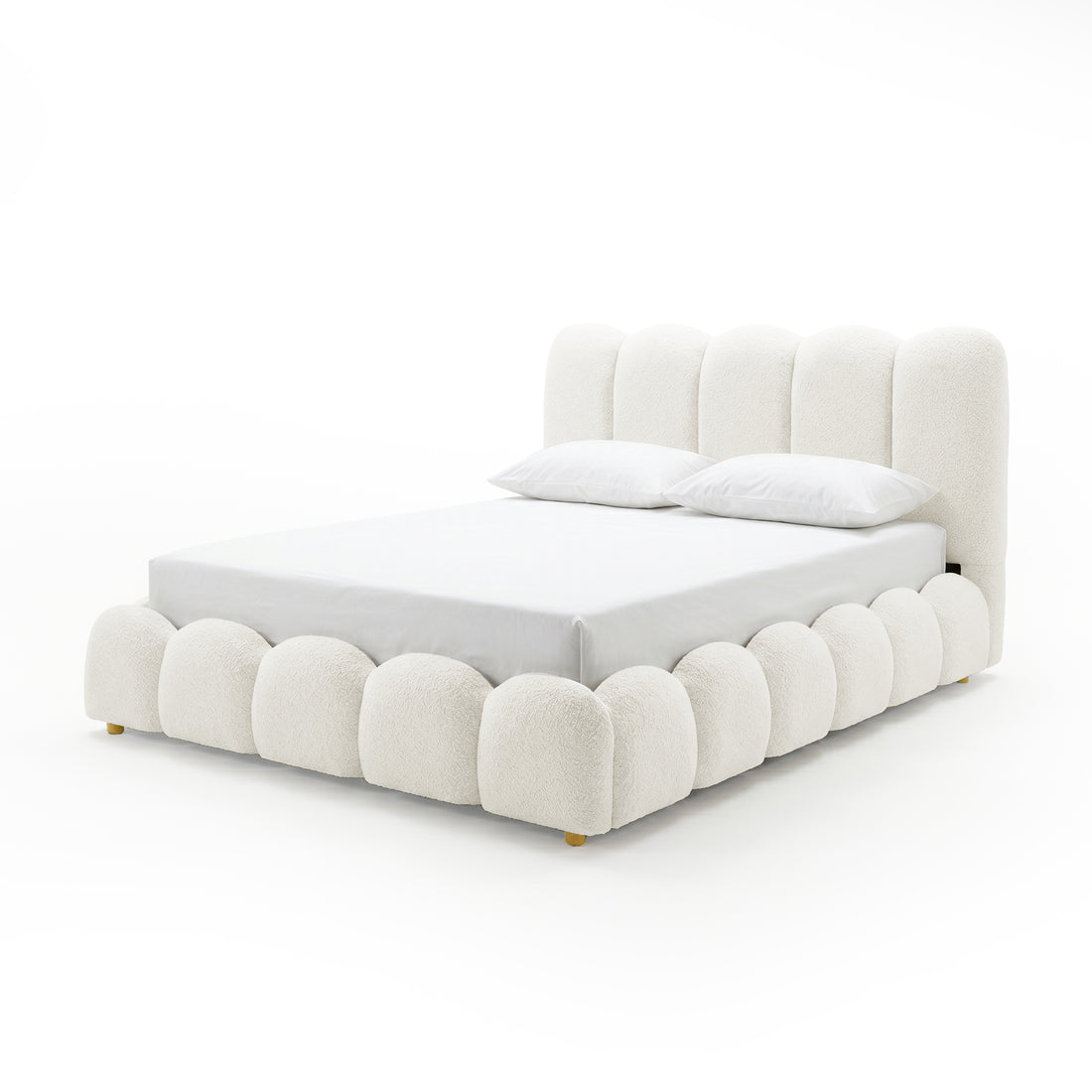 Brent double gas lift bed in boucle cream white with scalloped base, channel-tufted headboard, and gold legs