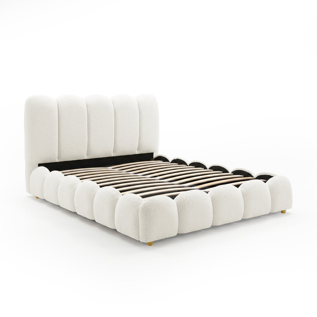 Brent double gas lift bed with scalloped boucle cream white upholstered frame, vertical channel tufted headboard, wooden