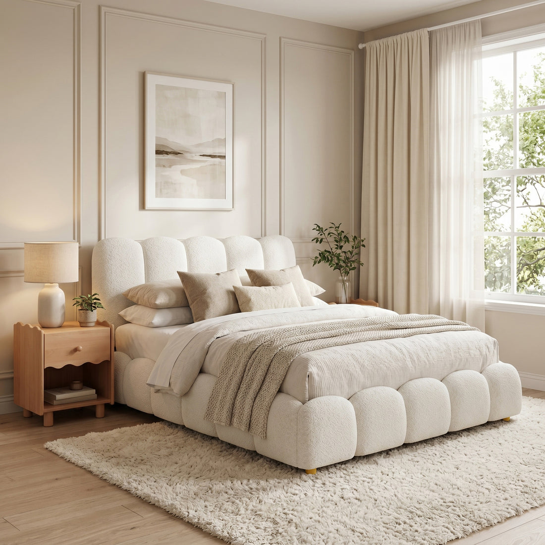 Brent Double Gas Lift Bed in Boucle Cream White with scalloped headboard and footboard, shown with bedding and throw rug