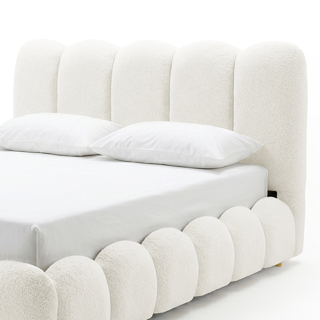 Brent double gas lift bed with vertical channel tufting in boucle cream white fabric, shown with white bedding