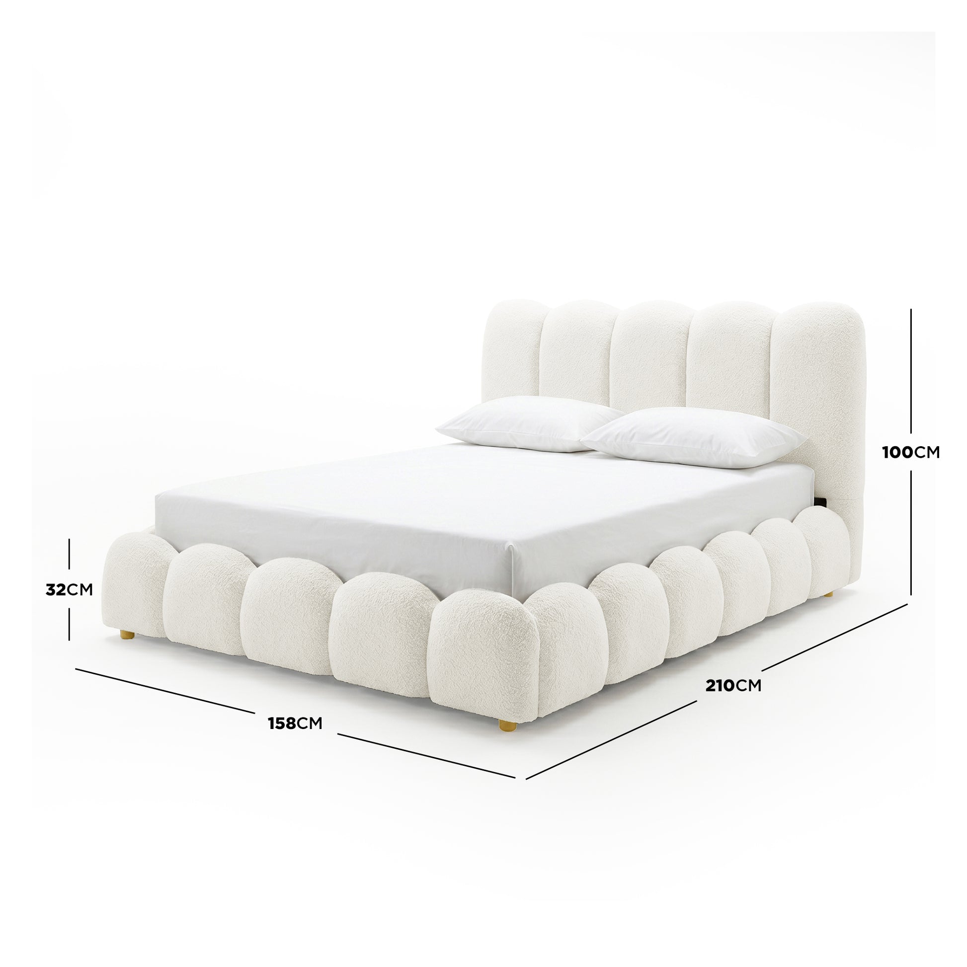 Brent Double Gas Lift Bed in Boucle Cream White with scalloped base and headboard, dimensions 210cm x 158cm x 100cm