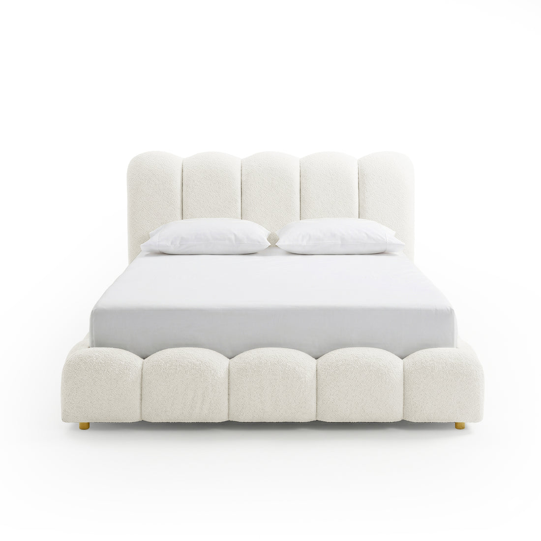 Brent double gas lift bed with scalloped boucle cream white headboard and footboard, gold legs