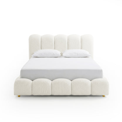 Brent double gas lift bed with scalloped boucle cream white headboard and footboard, gold legs