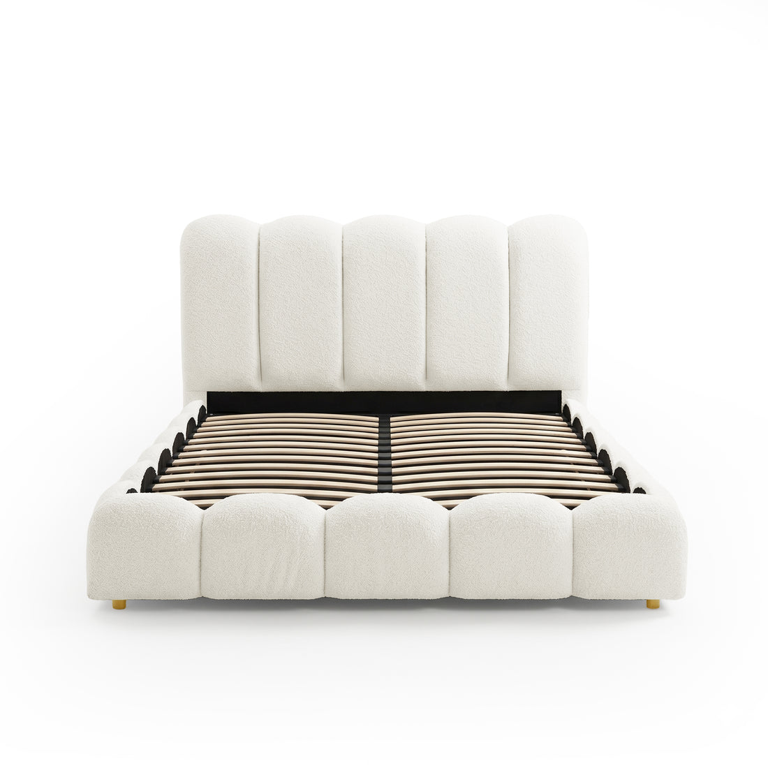 Brent double gas lift bed with boucle cream white upholstered headboard and footboard, wooden slats, and gold legs