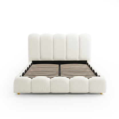 Brent double gas lift bed with boucle cream white upholstered headboard and footboard, wooden slats, and gold legs
